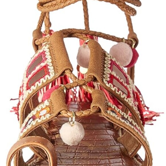 Sam Edelman Gretchen Boho Sandals 7M Embroidered Beaded Pom Pom Tassel Lace Up - Picture 7 of 16